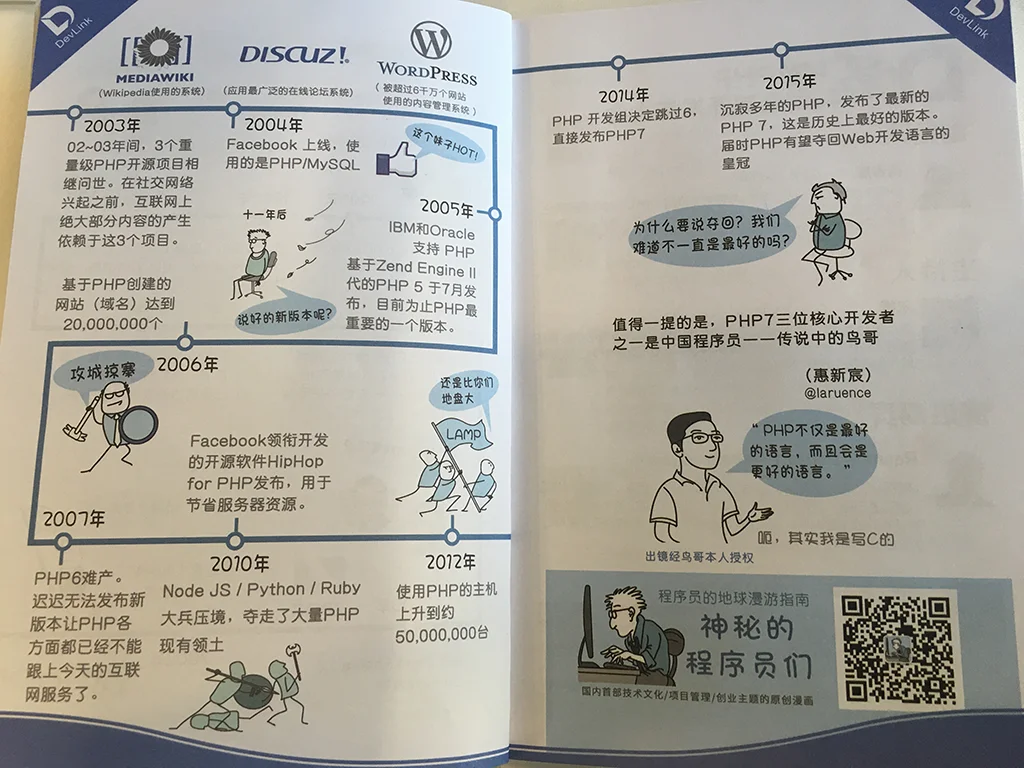 笔记本内页，PHP大事记漫画，记录2003年到2015年PHP发展历程，右下角鸟哥本人出镜插画